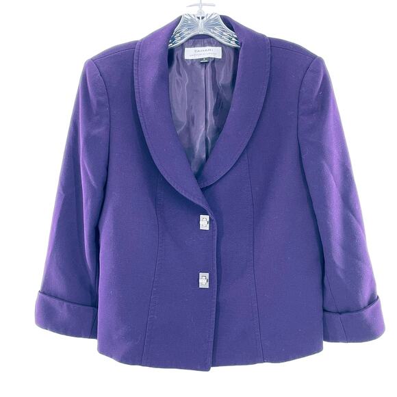 TAHARI ASL Purple Shawl Collar Locket Fasteners Classic Cropped Blazer Jacket 8 - Picture 2 of 13